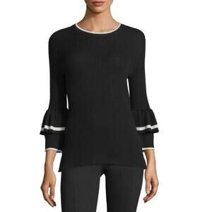 Frame Black White Wool Ribbed Knit Bell Long Sleeve Ruffle Sweater Top Size S